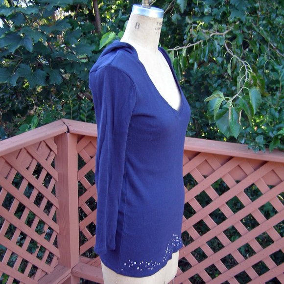 Size M/L 6-10 Cotton V-neck Ribbed Hooded Long Sleeve Tee by POUT Navy blue - Picture 3 of 8